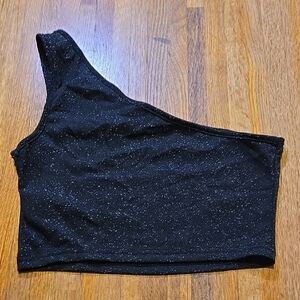 SHEIN Women Small Black Silver Glitter Shimmer‎ Sparkly One-Shoulder Crop Top
